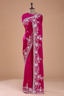 Pink Satin Designer Saree With Sequins Work And Unstitched Blouse-WK01112