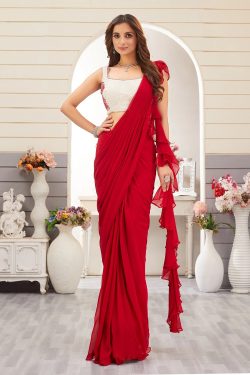 Red Georgette Designer Drape Ruffle Saree With Readymade Embroidered Blouse-SR27424