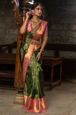 Green Tested Zari Kanchipuram Silk Saree With Unstitched Blouse-SR27417