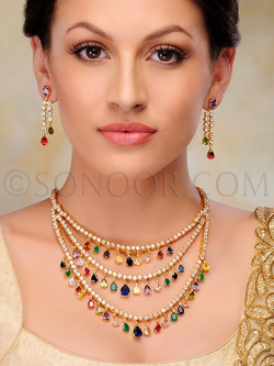 Griva Gold Plated Navratan 3-Layer Necklace Set by Sonoor