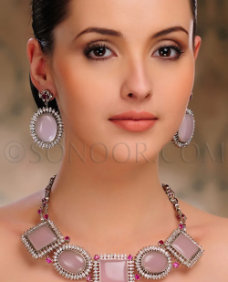 Teesta CZ Ruby Rosen Quartz Necklace Set with Earrings by Sonoor