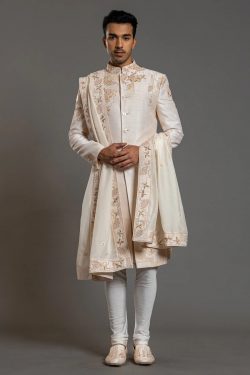 Off-White Resham Embroidered Raw Silk Wedding Sherwani-SH1564