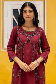 Maroon Slub Cotton Kurta with Ajrakh Patchwork