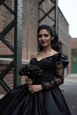 Schöne Brautkleid Schwarz Hochzeitskleid A Linie Mit Ärmel
