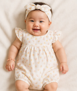 Floral Girl Romper Set with Headband – Organic Cotton Baby Outfit | OhMyBebe | Soft & Stylis ...