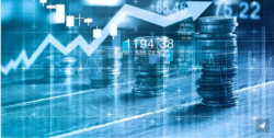 Finance and business concept. Invesment graph and coins rows. Investment graph and rows growth a ...