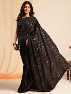 Buy Black Liva Satin Foil Print Saree Online – Celestial Noir – navyasa