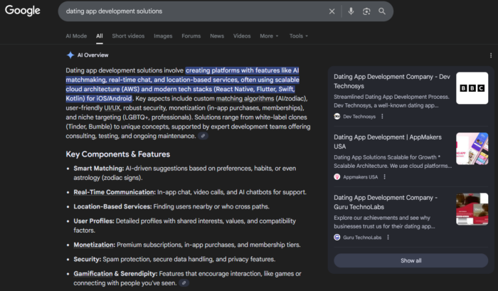 Dev Technosys featured by Google AI Overview among top Dating App Development Companies