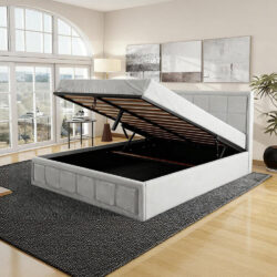 Modern Grey Upholstered Double Bed with Pneumatic Storage, 80 x 56 inch