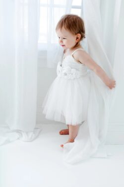 White Tulle Flower Girl Dress, Christening Gown for Girls, Sequin Spring Dress, First Communion  ...