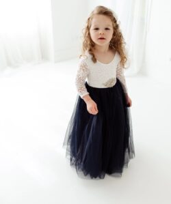 Bohemian Navy Tulle Flower Girl Dress, White Lace Boho Dress, Floor Length Wedding Gown for Girl ...
