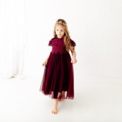 Wine Boho Lace Flower Girl Dress, Baby Toddler Burgundy Wedding Dress, Rustic Junior Bridesmaid  ...