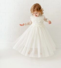 Tyra Ivory Lace Flower Girl Dress, Bohemian Tulle Wedding Dress, Rustic Baby Christening Gown